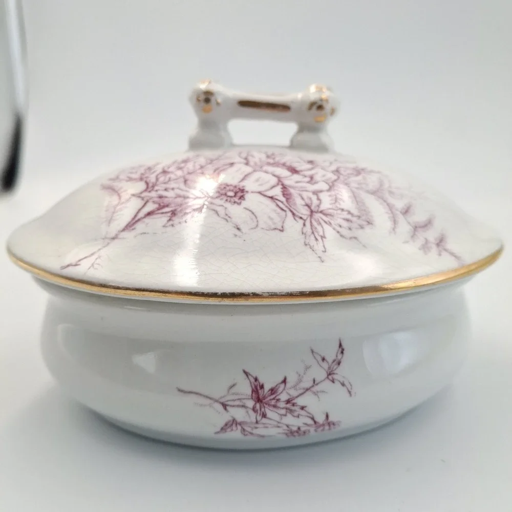 Antique J & E Mayer Stone China Mulberry Transferware Lidded Soap Dish‎ / Vanity